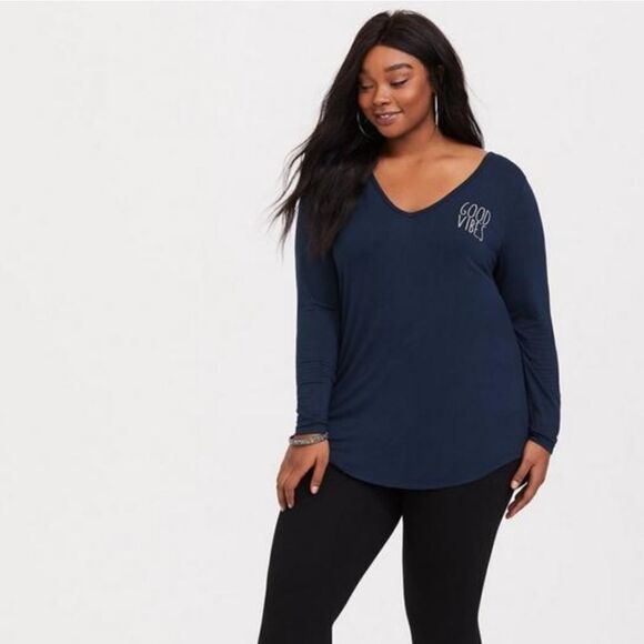 Torrid Navy Good Vibes Long Sleeve Tee - Picture 1 of 9